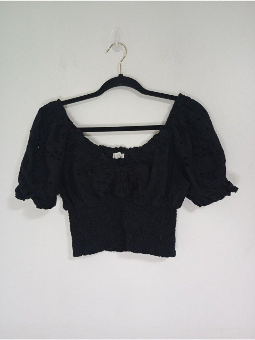 Jennifer Grace Crop Top Eyelet Puff Sleeve Smocked Cotton Medium Black